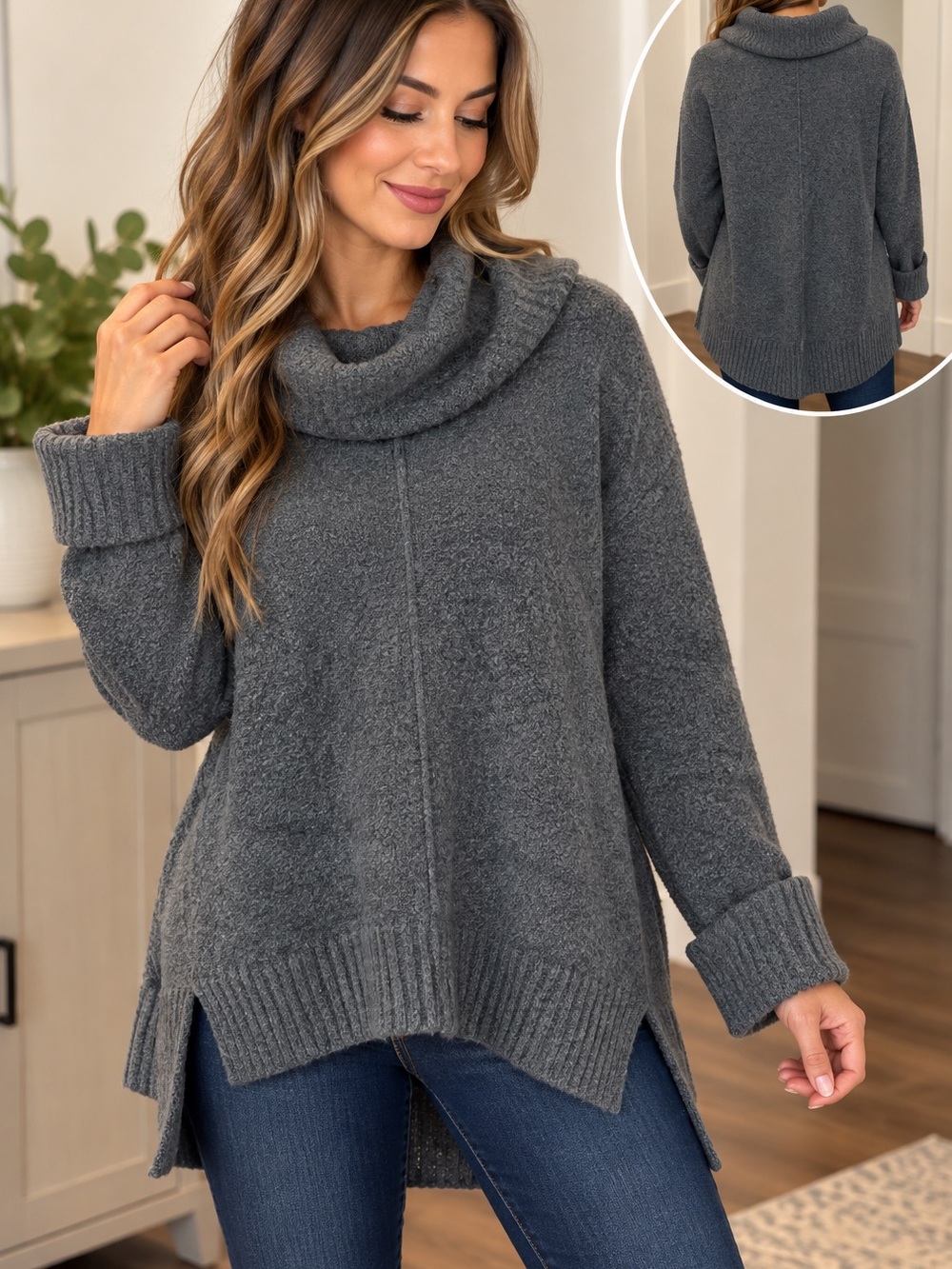 Cynthia Rowley Grey Cowl Neck Oversized Knit Sweater – M